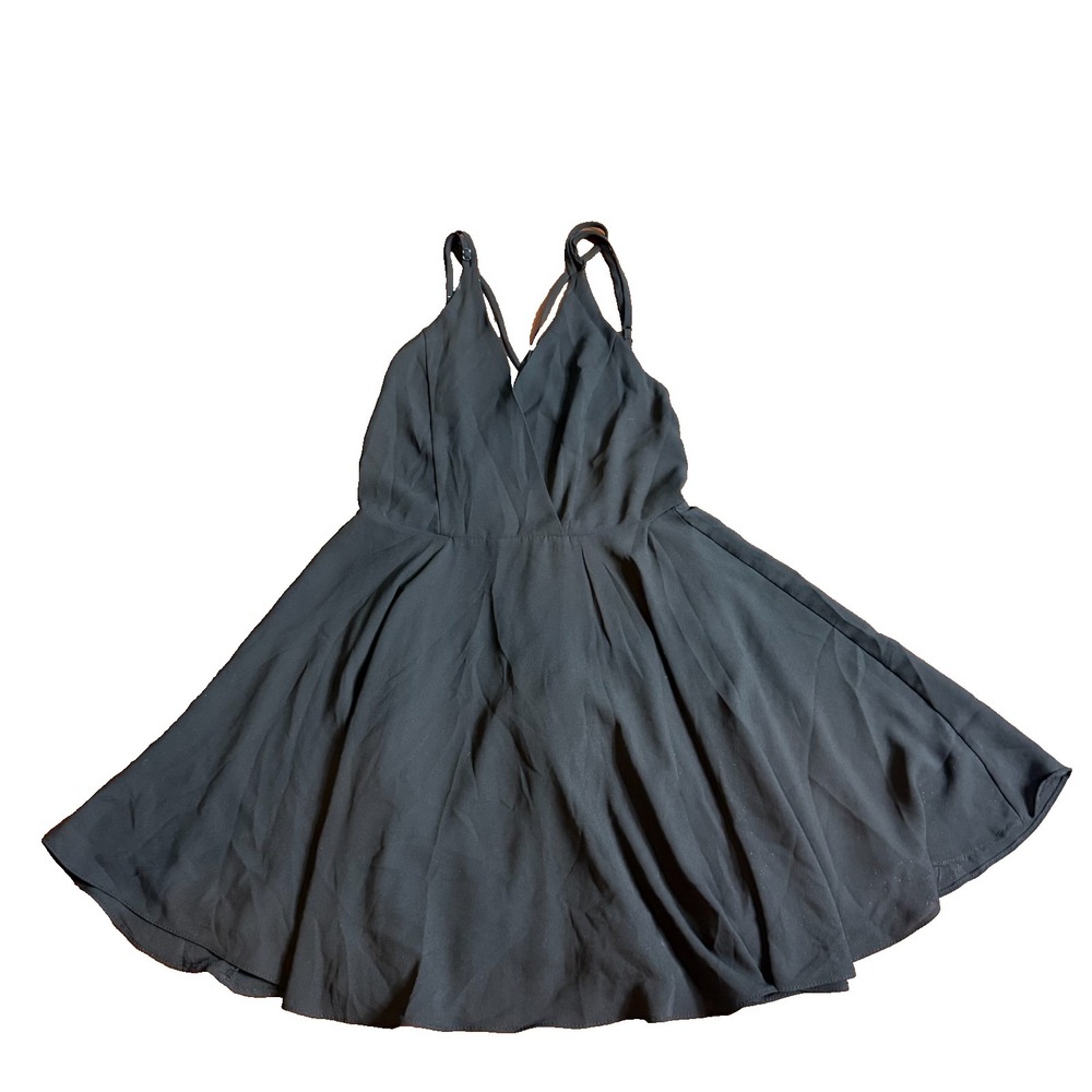 Black Flowy Skater Dress Spaghetti Straps‎ V-Neck Criss Cross Back XS